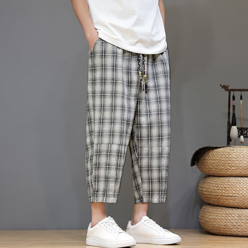 Buddha Stones Summer Casual Drawstring Plaid Capri Pants Men's Harem Pants With Pockets