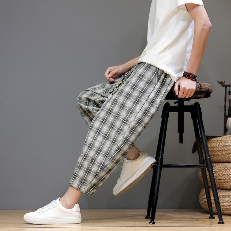 Buddha Stones Summer Casual Drawstring Plaid Capri Pants Men's Harem Pants With Pockets