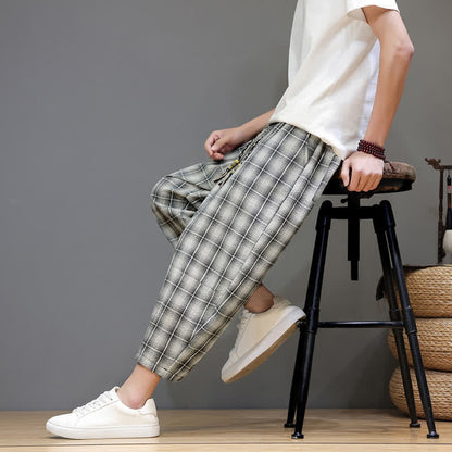 Buddha Stones Summer Casual Drawstring Plaid Capri Pants Men's Harem Pants With Pockets