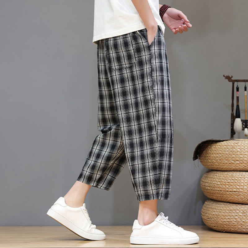 Buddha Stones Summer Casual Drawstring Plaid Capri Pants Men's Harem Pants With Pockets