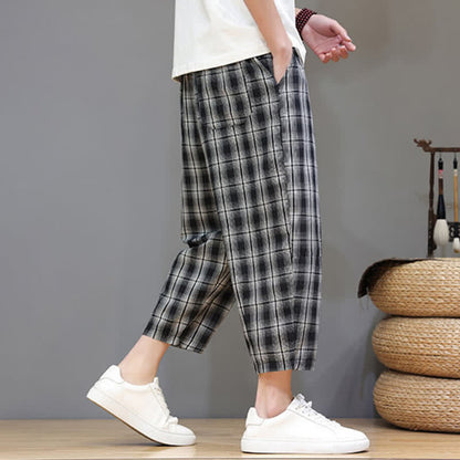 Buddha Stones Summer Casual Drawstring Plaid Capri Pants Men's Harem Pants With Pockets