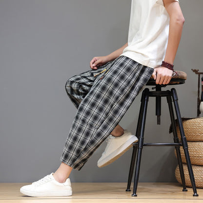 Buddha Stones Summer Casual Drawstring Plaid Capri Pants Men's Harem Pants With Pockets