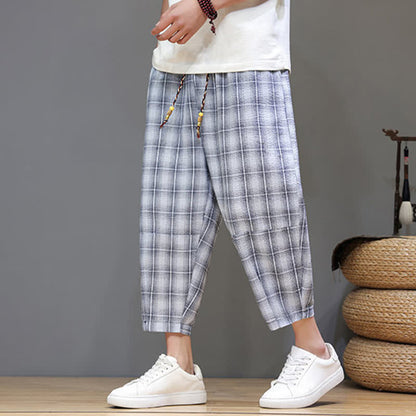 Buddha Stones Summer Casual Drawstring Plaid Capri Pants Men's Harem Pants With Pockets
