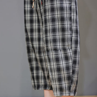Buddha Stones Summer Casual Drawstring Plaid Capri Pants Men's Harem Pants With Pockets