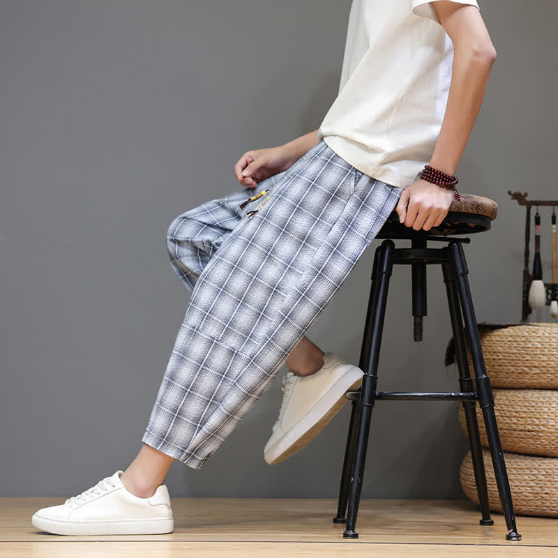 Buddha Stones Summer Casual Drawstring Plaid Capri Pants Men's Harem Pants With Pockets