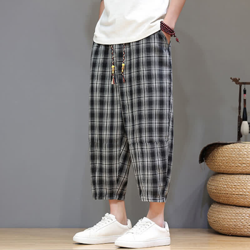 Buddha Stones Summer Casual Drawstring Plaid Capri Pants Men's Harem Pants With Pockets