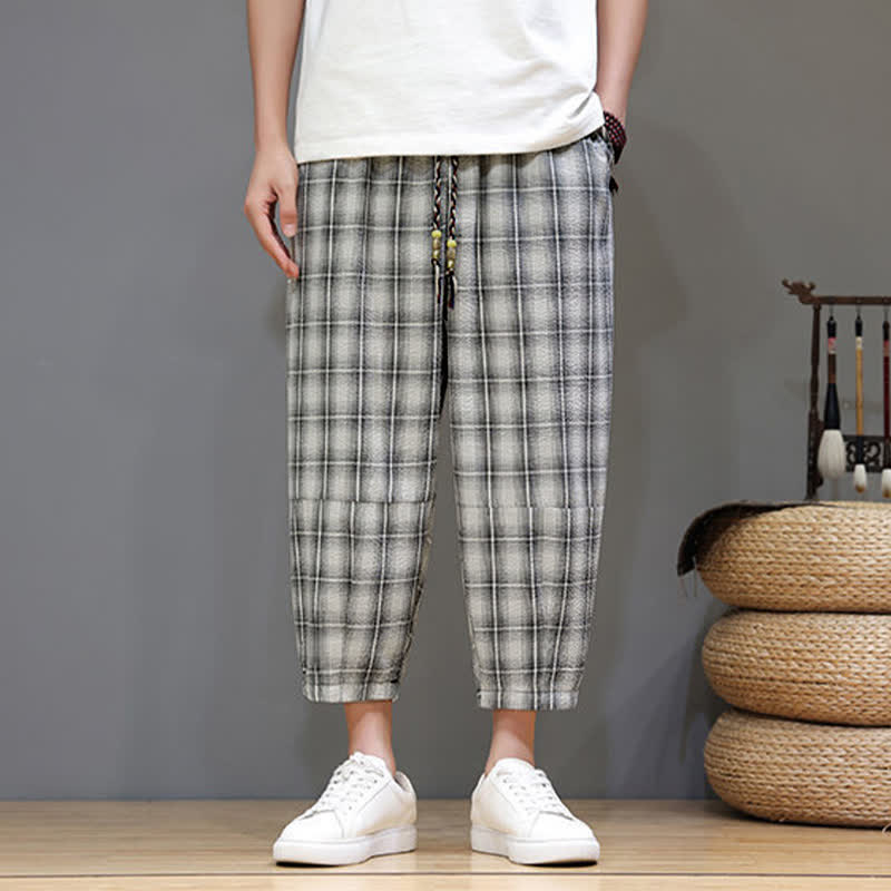 Buddha Stones Summer Casual Drawstring Plaid Capri Pants Men's Harem Pants With Pockets