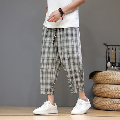 Buddha Stones Summer Casual Drawstring Plaid Capri Pants Men's Harem Pants With Pockets