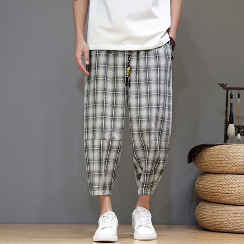 Buddha Stones Summer Casual Drawstring Plaid Capri Pants Men's Harem Pants With Pockets