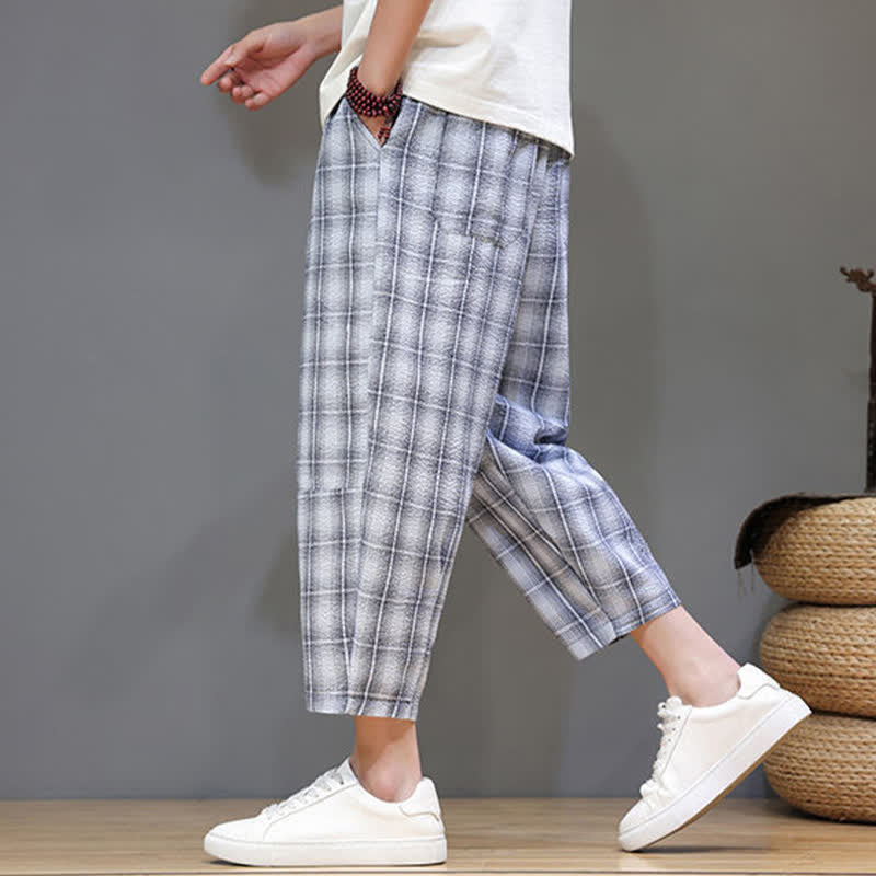 Buddha Stones Summer Casual Drawstring Plaid Capri Pants Men's Harem Pants With Pockets