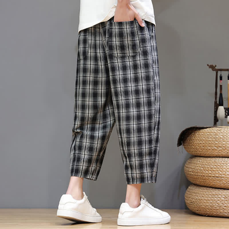 Buddha Stones Summer Casual Drawstring Plaid Capri Pants Men's Harem Pants With Pockets