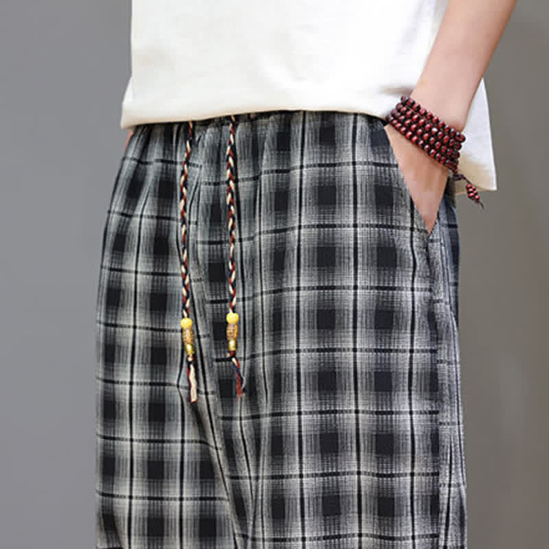 Buddha Stones Summer Casual Drawstring Plaid Capri Pants Men's Harem Pants With Pockets