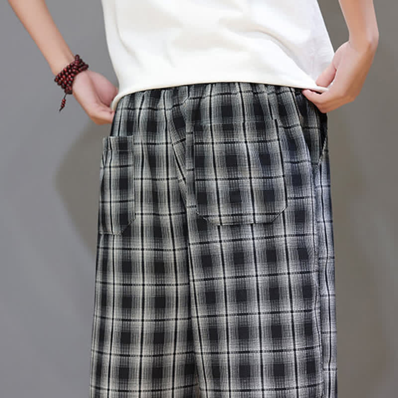 Buddha Stones Summer Casual Drawstring Plaid Capri Pants Men's Harem Pants With Pockets