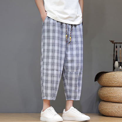Buddha Stones Summer Casual Drawstring Plaid Capri Pants Men's Harem Pants With Pockets
