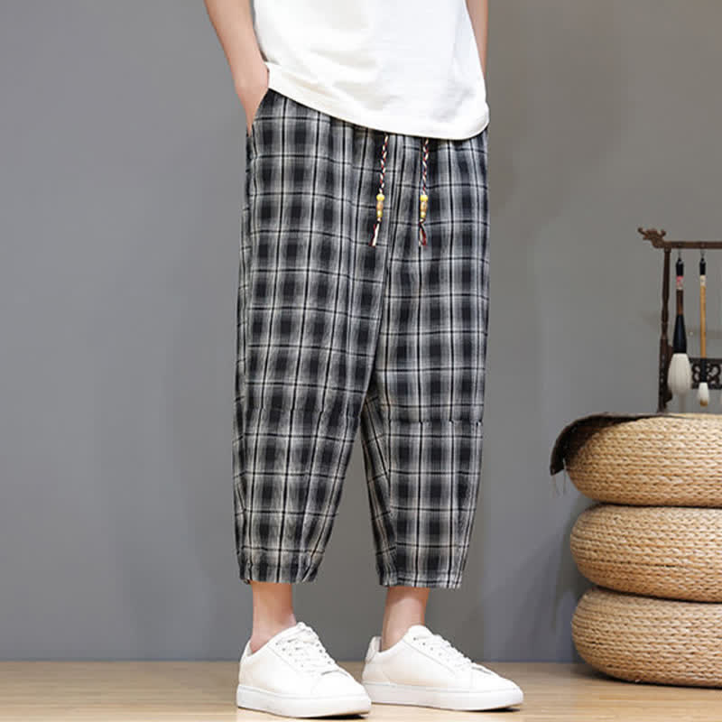 Buddha Stones Summer Casual Drawstring Plaid Capri Pants Men's Harem Pants With Pockets