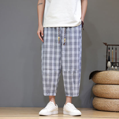 Buddha Stones Summer Casual Drawstring Plaid Capri Pants Men's Harem Pants With Pockets