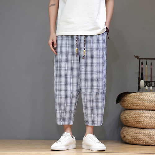 Buddha Stones Summer Casual Drawstring Plaid Capri Pants Men's Harem Pants With Pockets