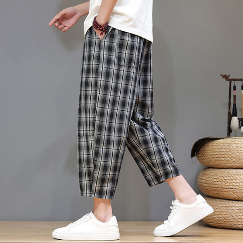 Buddha Stones Summer Casual Drawstring Plaid Capri Pants Men's Harem Pants With Pockets