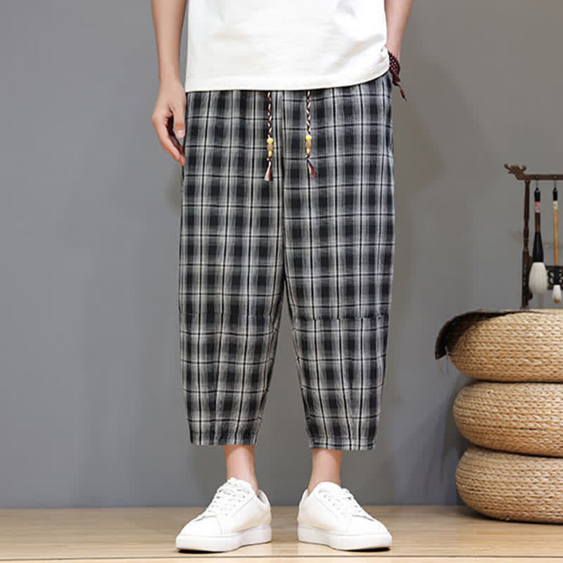 Buddha Stones Summer Casual Drawstring Plaid Capri Pants Men's Harem Pants With Pockets