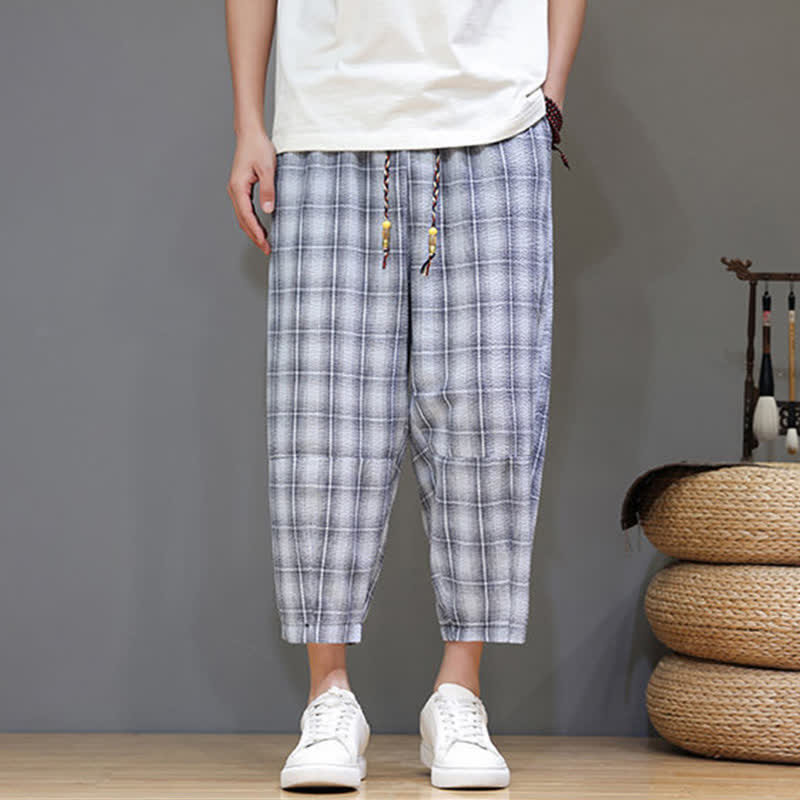 Buddha Stones Summer Casual Drawstring Plaid Capri Pants Men's Harem Pants With Pockets