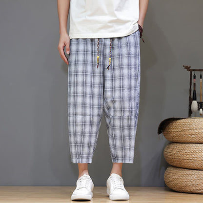 Buddha Stones Summer Casual Drawstring Plaid Capri Pants Men's Harem Pants With Pockets