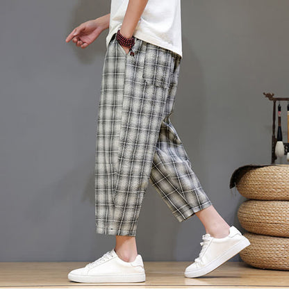Buddha Stones Summer Casual Drawstring Plaid Capri Pants Men's Harem Pants With Pockets