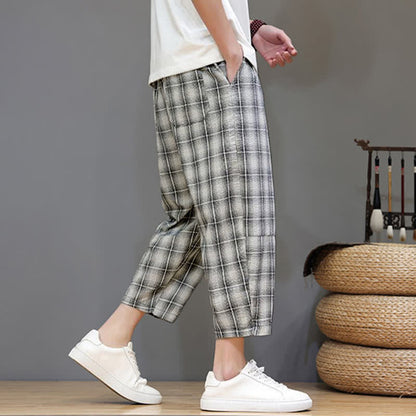 Buddha Stones Summer Casual Drawstring Plaid Capri Pants Men's Harem Pants With Pockets