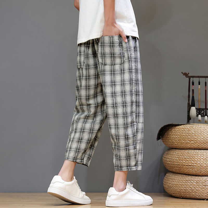 Buddha Stones Summer Casual Drawstring Plaid Capri Pants Men's Harem Pants With Pockets