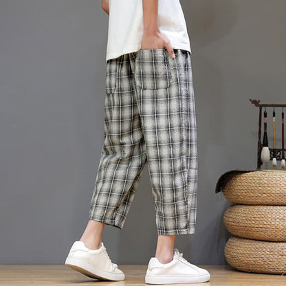 Buddha Stones Summer Casual Drawstring Plaid Capri Pants Men's Harem Pants With Pockets