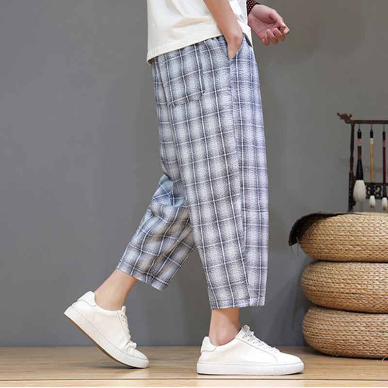 Buddha Stones Summer Casual Drawstring Plaid Capri Pants Men's Harem Pants With Pockets