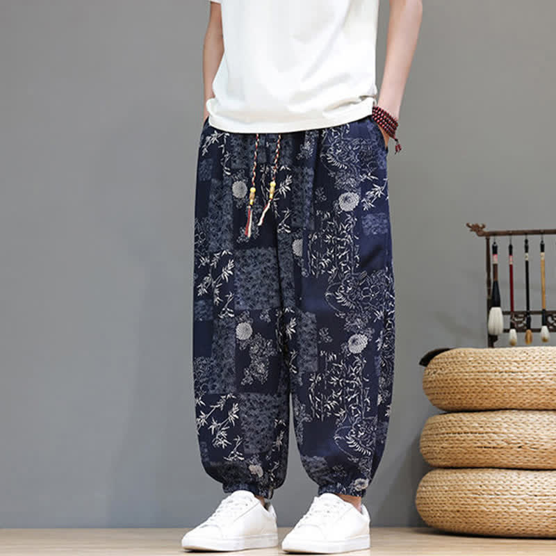 Buddha Stones Summer Casual Boho Drawstring Geometric Elephant Leaves Cropped Pants Men's Harem Pants With Pockets
