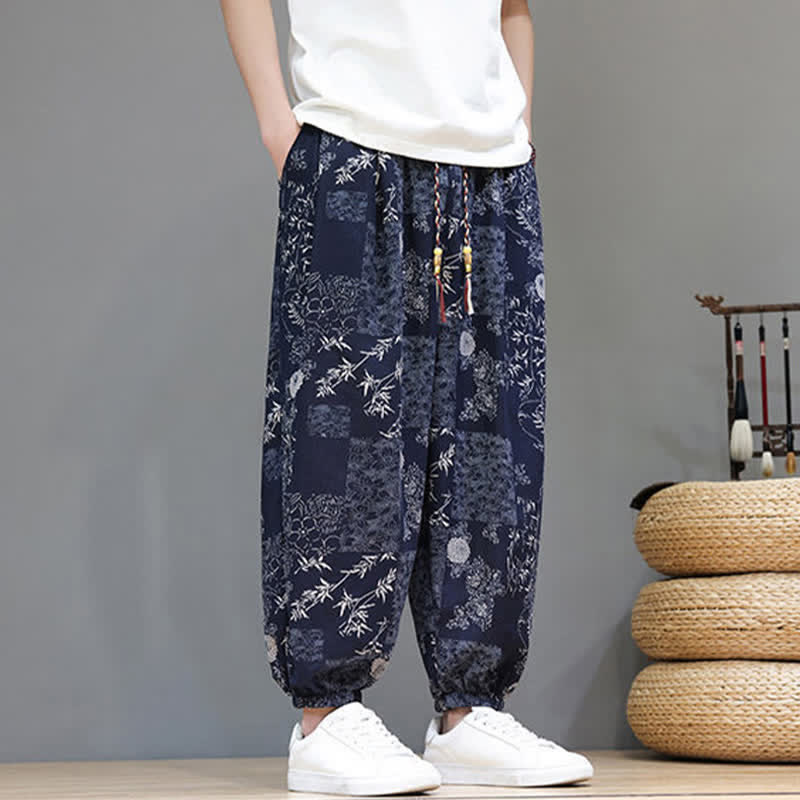 Buddha Stones Summer Casual Boho Drawstring Geometric Elephant Leaves Cropped Pants Men's Harem Pants With Pockets