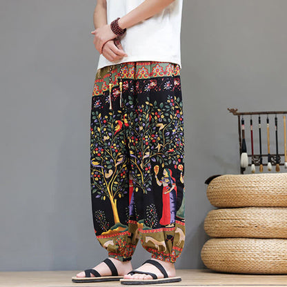 Buddha Stones Summer Casual Boho Drawstring Geometric Elephant Leaves Cropped Pants Men's Harem Pants With Pockets