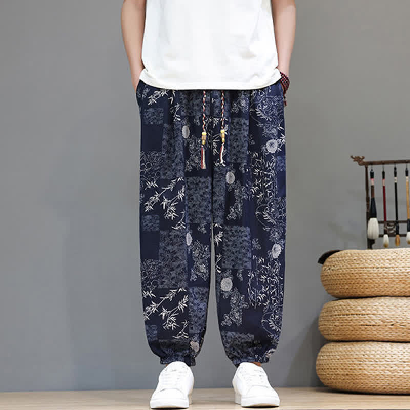 Buddha Stones Summer Casual Boho Drawstring Geometric Elephant Leaves Cropped Pants Men's Harem Pants With Pockets