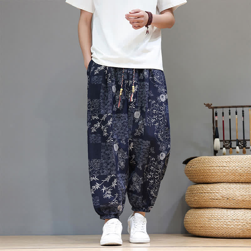 Buddha Stones Summer Casual Boho Drawstring Geometric Elephant Leaves Cropped Pants Men's Harem Pants With Pockets