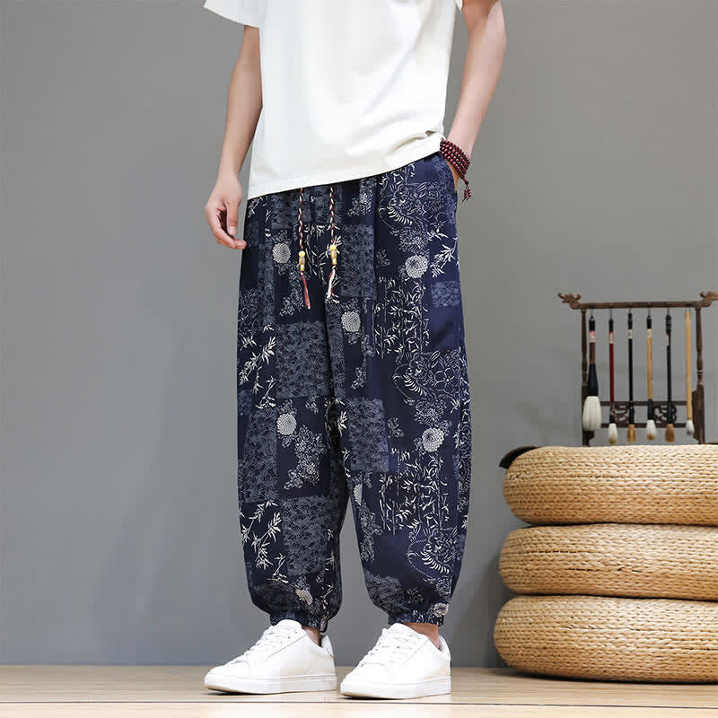 Buddha Stones Summer Casual Boho Drawstring Geometric Elephant Leaves Cropped Pants Men's Harem Pants With Pockets
