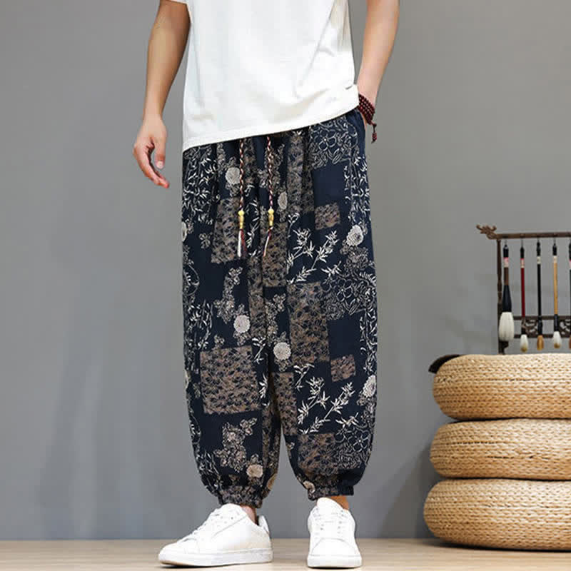 Buddha Stones Summer Casual Boho Drawstring Geometric Elephant Leaves Cropped Pants Men's Harem Pants With Pockets