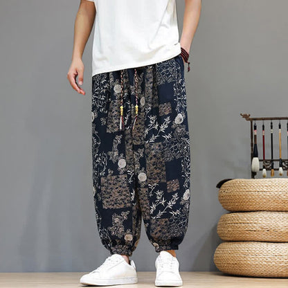 Buddha Stones Summer Casual Boho Drawstring Geometric Elephant Leaves Cropped Pants Men's Harem Pants With Pockets