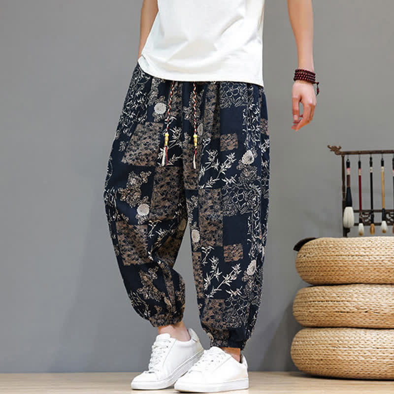Buddha Stones Summer Casual Boho Drawstring Geometric Elephant Leaves Cropped Pants Men's Harem Pants With Pockets
