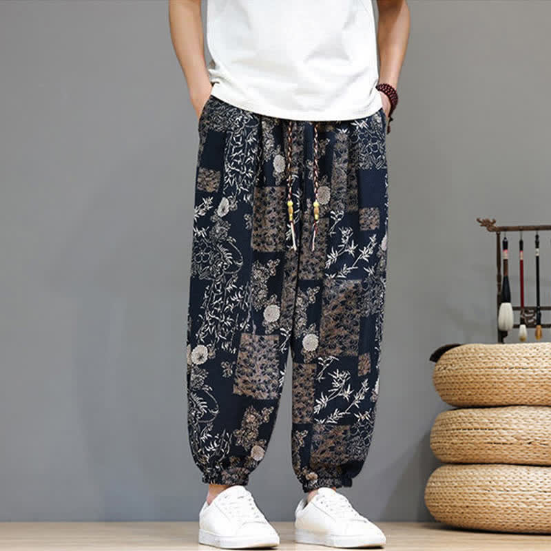 Buddha Stones Summer Casual Boho Drawstring Geometric Elephant Leaves Cropped Pants Men's Harem Pants With Pockets