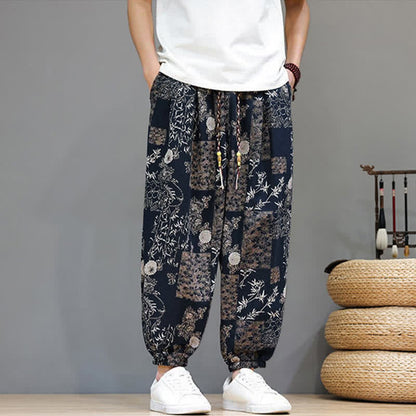 Buddha Stones Summer Casual Boho Drawstring Geometric Elephant Leaves Cropped Pants Men's Harem Pants With Pockets