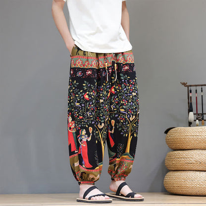 Buddha Stones Summer Casual Boho Drawstring Geometric Elephant Leaves Cropped Pants Men's Harem Pants With Pockets