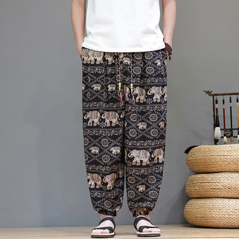 Buddha Stones Summer Casual Boho Drawstring Geometric Elephant Leaves Cropped Pants Men's Harem Pants With Pockets