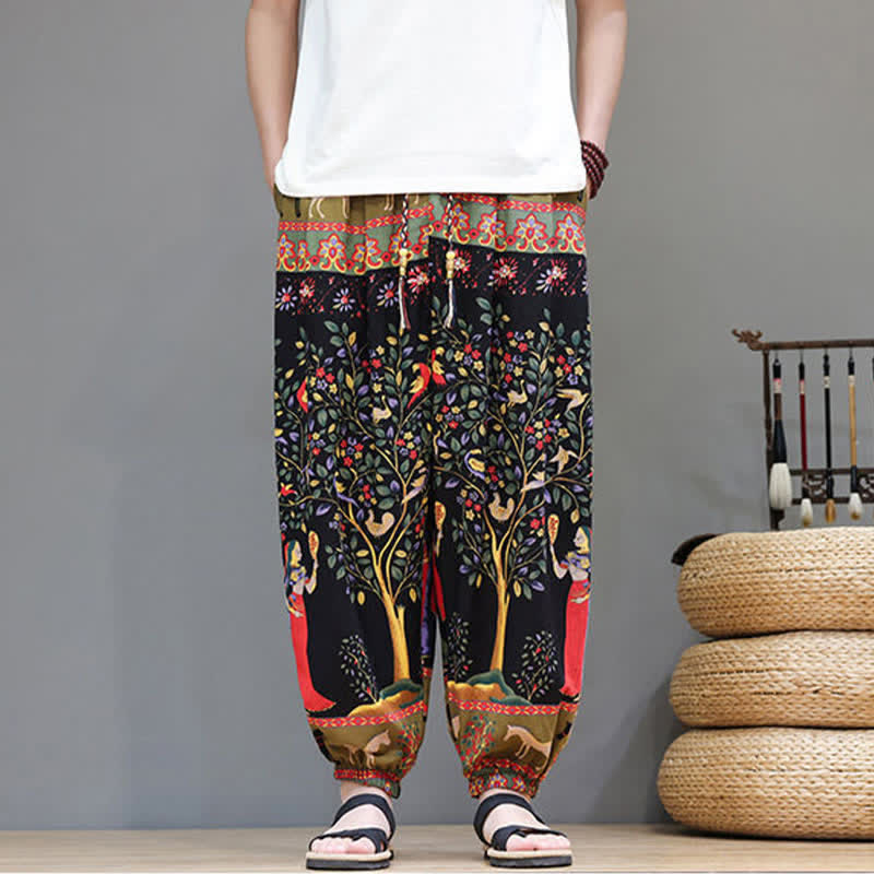 Buddha Stones Summer Casual Boho Drawstring Geometric Elephant Leaves Cropped Pants Men's Harem Pants With Pockets