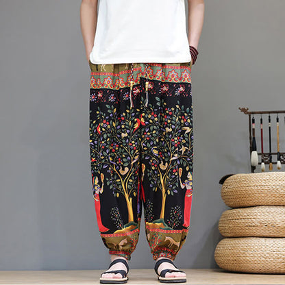Buddha Stones Summer Casual Boho Drawstring Geometric Elephant Leaves Cropped Pants Men's Harem Pants With Pockets