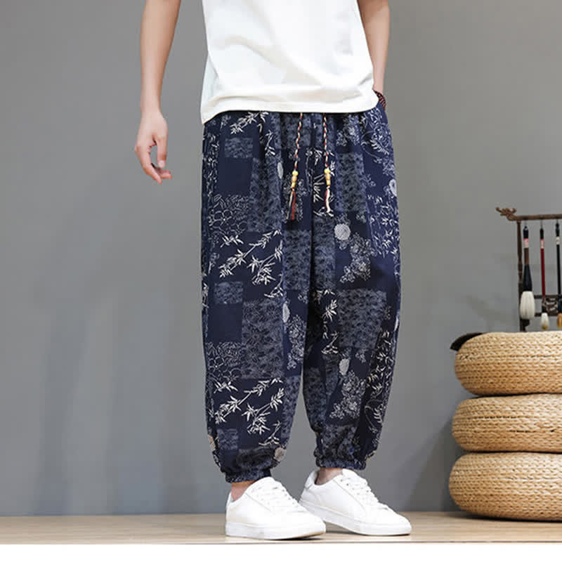Buddha Stones Summer Casual Boho Drawstring Geometric Elephant Leaves Cropped Pants Men's Harem Pants With Pockets