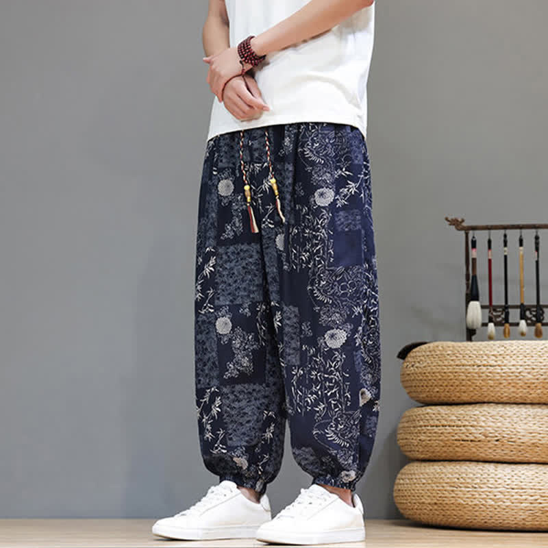 Buddha Stones Summer Casual Boho Drawstring Geometric Elephant Leaves Cropped Pants Men's Harem Pants With Pockets