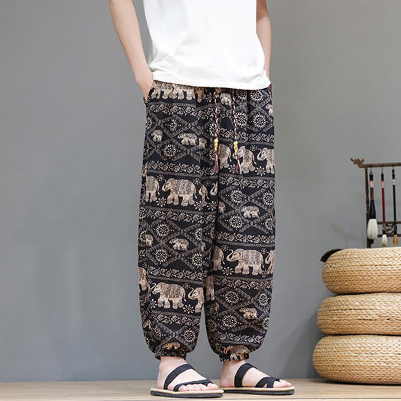 Buddha Stones Summer Casual Boho Drawstring Geometric Elephant Leaves Cropped Pants Men's Harem Pants With Pockets