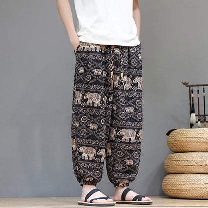 Buddha Stones Summer Casual Boho Drawstring Geometric Elephant Leaves Cropped Pants Men's Harem Pants With Pockets
