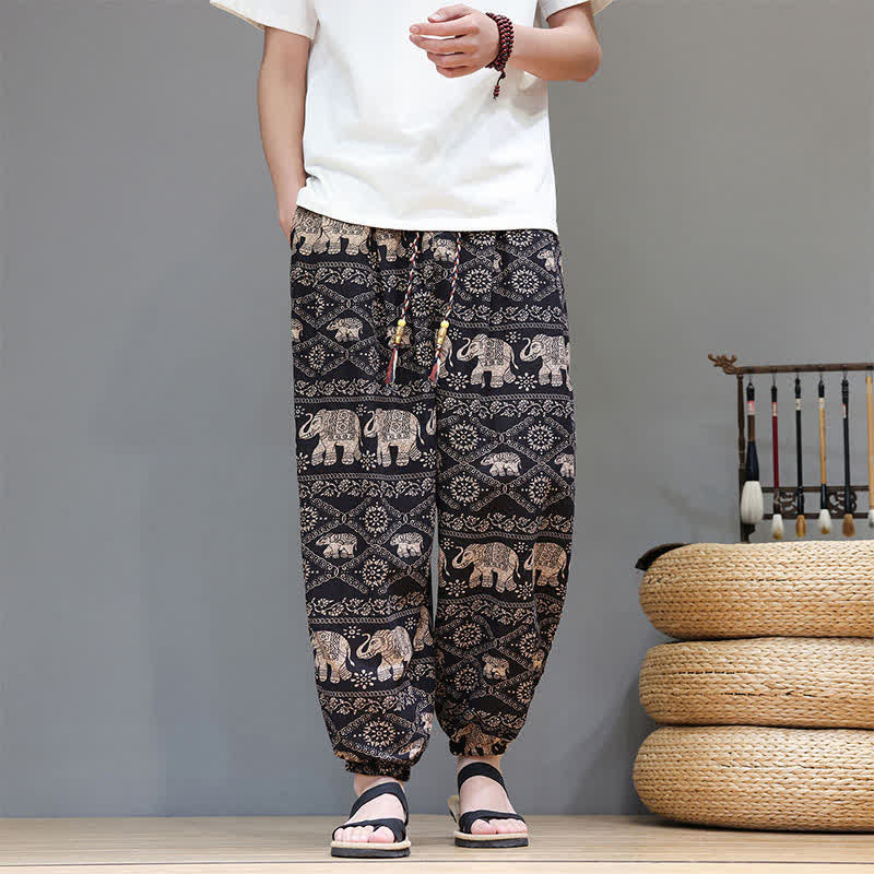 Buddha Stones Summer Casual Boho Drawstring Geometric Elephant Leaves Cropped Pants Men's Harem Pants With Pockets